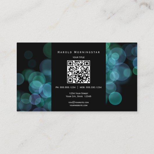 Modern Zwart Blauwgroen Bokeh met Qr en Logo Visitekaartje (Achterkant)