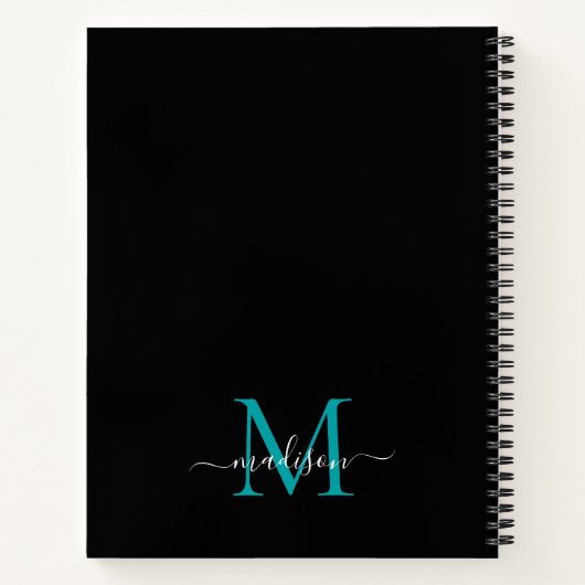 Modern Zwart Blauwgroen Groen Girly Monogram Scrip Notitieboek (Achterkant)