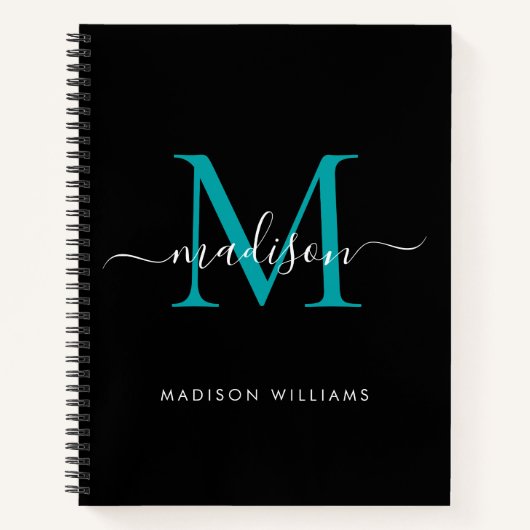 Modern Zwart Blauwgroen Groen Girly Monogram Scrip Notitieboek (Voorkant)