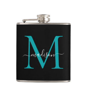Modern Zwart Blauwgroen Groen Monogram Girly Scrip Heupfles