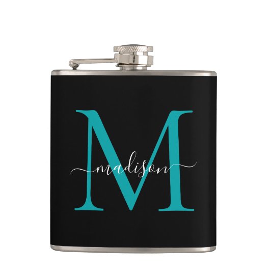 Modern Zwart Blauwgroen Groen Monogram Girly Scrip Heupfles (Voorkant)