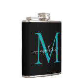 Modern Zwart Blauwgroen Groen Monogram Girly Scrip Heupfles (Rechts)