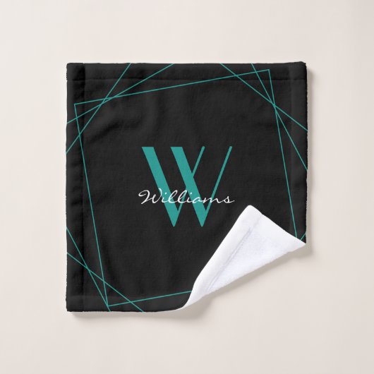 Modern zwart Blauwgroen monogram Geometrische naam Bad Handdoek (Wasdoekje)