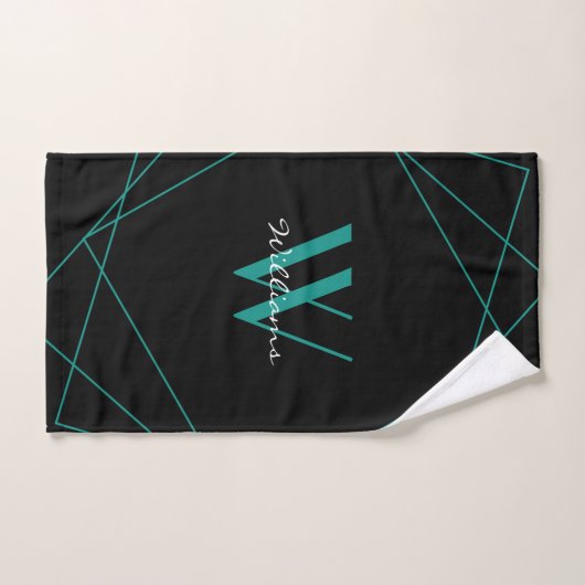 Modern zwart Blauwgroen monogram Geometrische naam Bad Handdoek (Handdoek)