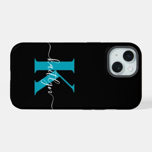 Modern zwart Blauwgroen script Monogram iPhone 15 Case (Achterkant horizontaal)