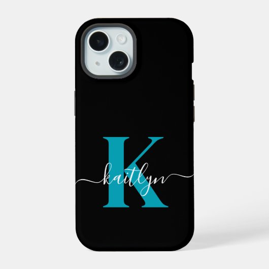 Modern zwart Blauwgroen script Monogram iPhone 15 Case (Achterkant)