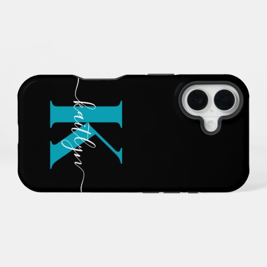 Modern zwart Blauwgroen script Monogram iPhone 16 Hoesje (Achterkant horizontaal)