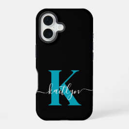 Modern zwart Blauwgroen script Monogram iPhone 16 Hoesje