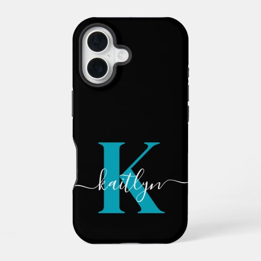 Modern zwart Blauwgroen script Monogram iPhone 16 Hoesje (Achterkant)