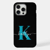 Modern zwart Blauwgroen script Monogram iPhone Hoesje (Achterkant)