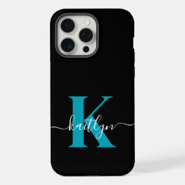 Modern zwart Blauwgroen script Monogram iPhone 15 Pro Max Case