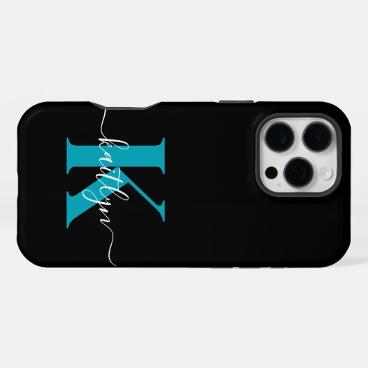 Modern zwart Blauwgroen script Monogram iPhone Hoesje (Achterkant horizontaal)
