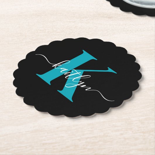 Modern zwart Blauwgroen script Monogram Kartonnen Onderzetters (Gekanteld)