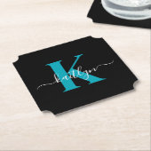 Modern zwart Blauwgroen script Monogram Kartonnen Onderzetters (Gekanteld)