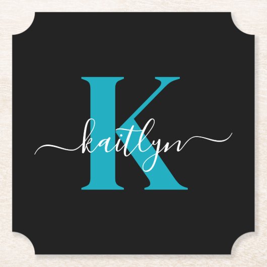 Modern zwart Blauwgroen script Monogram Kartonnen Onderzetters (Voorkant)