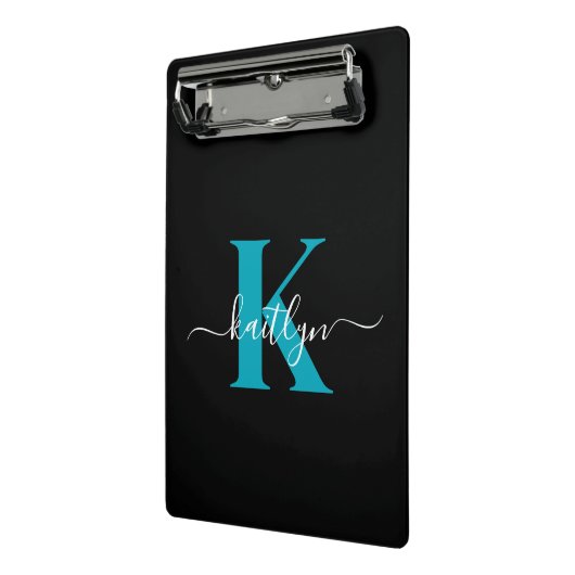 Modern zwart Blauwgroen script Monogram Mini Klembord (Angled2)