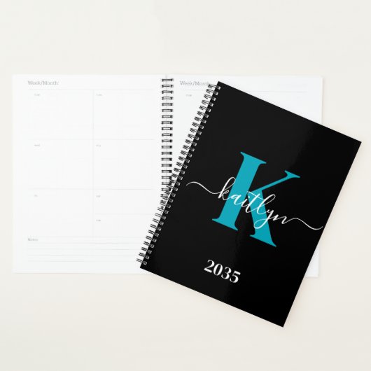 Modern zwart Blauwgroen script Monogram Planner (Display)