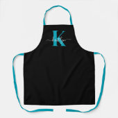 Modern zwart Blauwgroen script Monogram Schort (Voorkant)