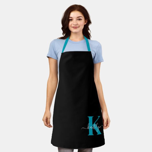 Modern zwart Blauwgroen script Monogram Schort (Gedragen)