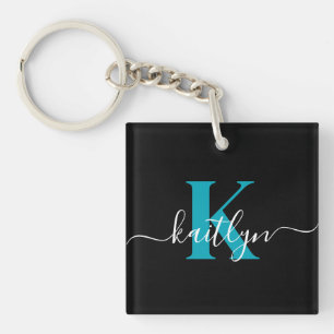 Modern zwart Blauwgroen script Monogram Sleutelhanger
