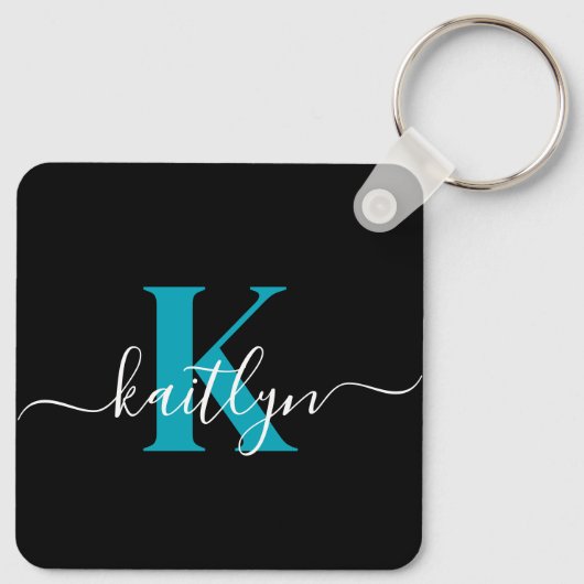 Modern zwart Blauwgroen script Monogram Sleutelhanger (Achterkant)