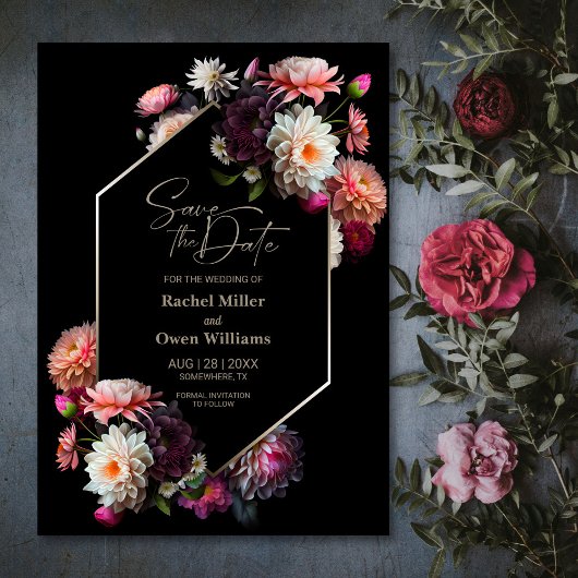 Modern Zwart Bloemen Bruiloft Save the Date