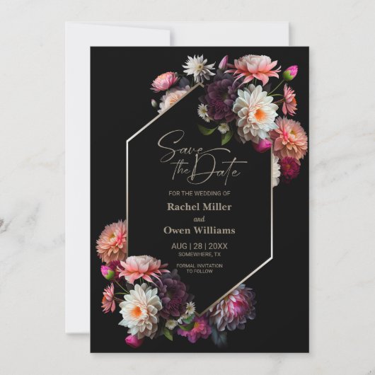Modern Zwart Bloemen Bruiloft Save the Date (Voorkant)