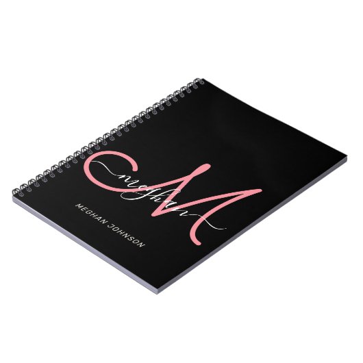 Modern zwart Blush roze script monogramed Notitieboek (Linkerzijde)