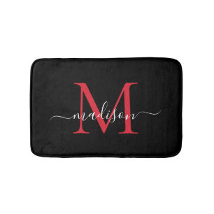 Modern zwart bordeauxrood monogram script elegant badmat