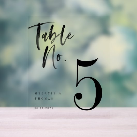 Modern Zwart Borstel Script Bruiloft Tafelnummer Acryl Bord (Neutraal)