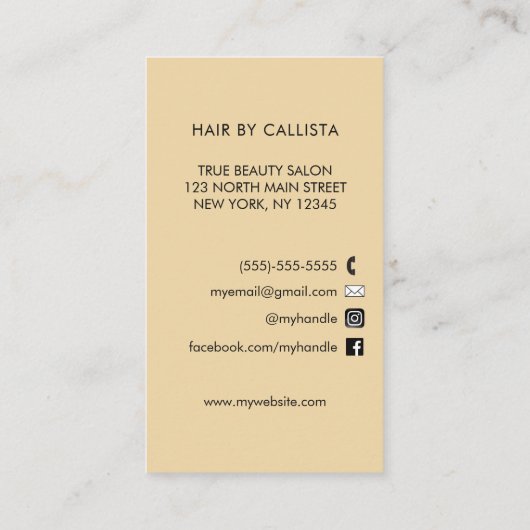 Modern zwart champagne goud glitter haar visitekaartje (Achterkant)