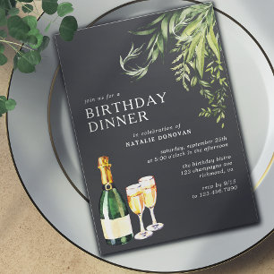 Modern zwart Champagne groen Verjaardagsdiner Kaart