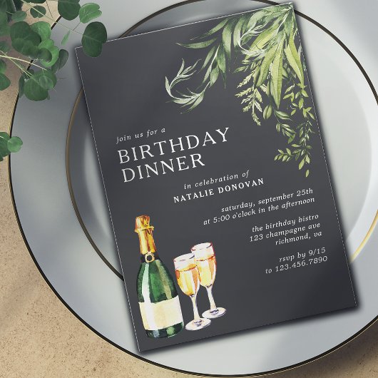 Modern zwart | Champagne groen Verjaardagsdiner Kaart