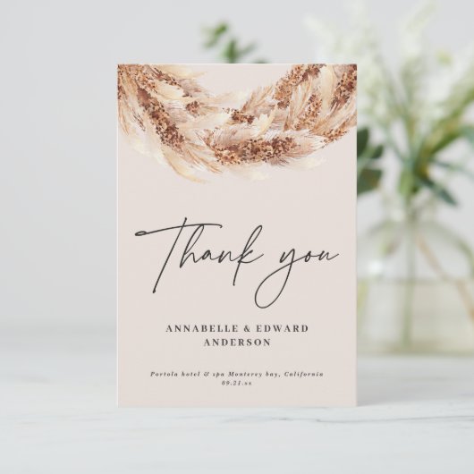 Modern zwart chic rustiek pampas gras bruiloft bedankkaart (Staand voorkant)