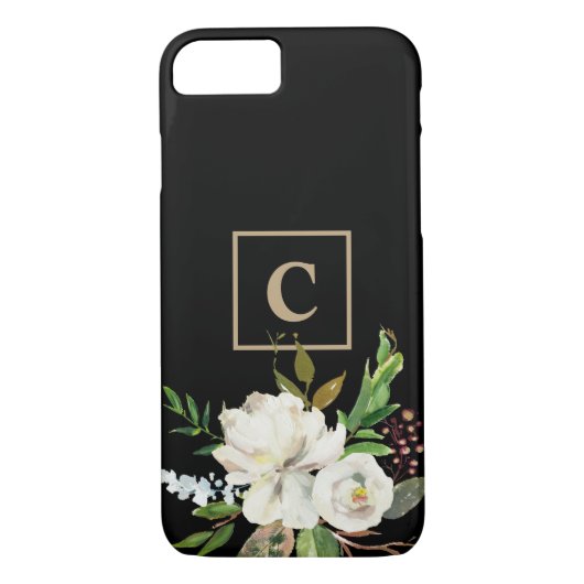 Modern zwart chique Waterverf bloemenmonogram Case-Mate iPhone Case (Achterkant)