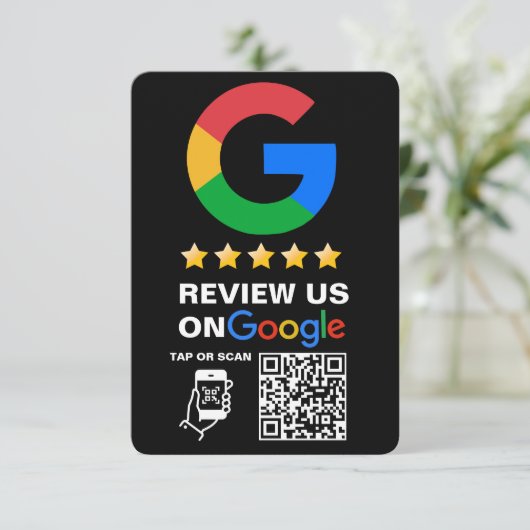 Modern Zwart Custom Logo en QR Code Google Review Informatiekaartje (Staand voorkant)