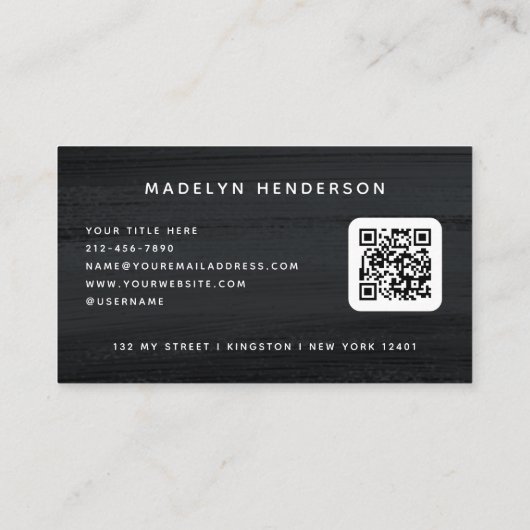 Modern zwart donkergrijs penseelstreken QR-code Visitekaartje (Achterkant)