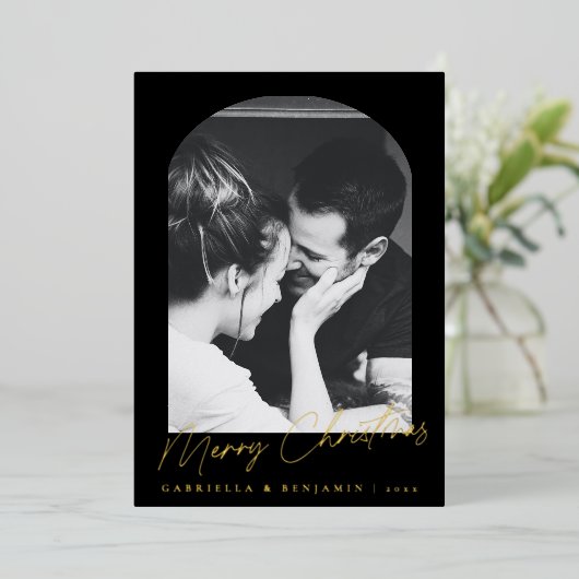 Modern Zwart Elegant Arch Photo Christmas Gold Folie Feestdagenkaart (Staand Voorkant)