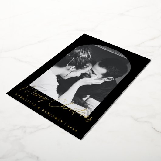 Modern Zwart Elegant Arch Photo Christmas Gold Folie Feestdagenkaart (Gedraaid)