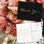 Modern zwart elegant Faux Gold Script Hartelijk da Briefkaart<br><div class="desc">Creëer uw eigen aangepaste,  gepersonaliseerde,  moderne elegante dank u briefkaart. Voer uw bericht in / opmerking van dank. Elegant bedankbriefje briefkaart voor gebruik op bruiloft,  huwelijksverjaardag,  verjaardag,  afstuderen,  vrijgezellenfeest,  baby shower,  feestdagen,  of een andere speciale gelegenheid gerelateerde mailings.</div>