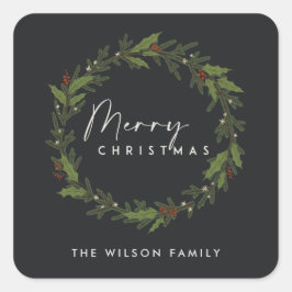 MODERN ZWART ELEGANT HOLLY BERRY KRANS KERSTMIS VIERKANTE STICKER