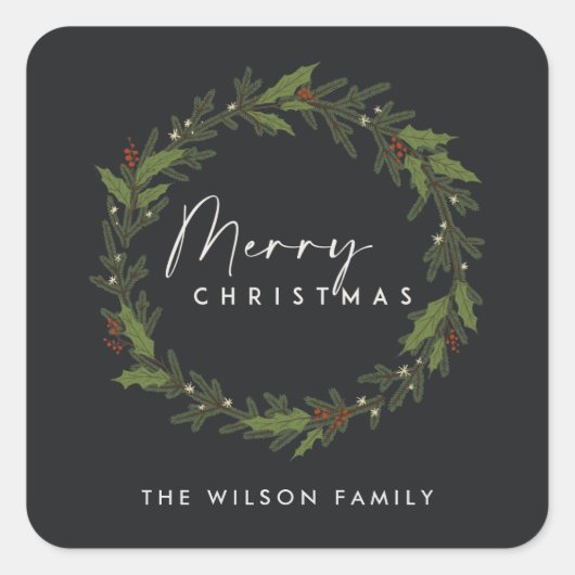 MODERN ZWART ELEGANT HOLLY BERRY KRANS KERSTMIS VIERKANTE STICKER (Voorkant)