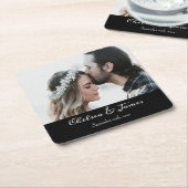 Modern Zwart Elegant Kalligrafie Foto Bruiloft Kartonnen Onderzetters (Schuin)