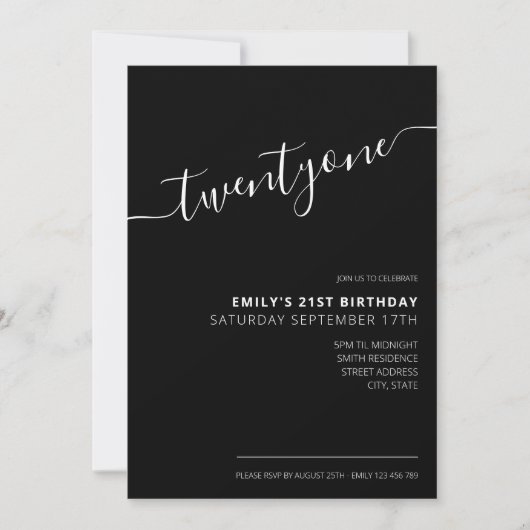 Modern zwart elegant script 21st verjaardag kaart (Voorkant)