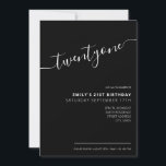 Modern zwart elegant script 21st verjaardag kaart<br><div class="desc">Modern Black and White 21st Birthday Invitation. Minimalistisch ontwerp voor de sjabloon van de 21ste verjaardagsuitnodiging met elegante kalligrafie handgeschreven scriptlettertype.</div>