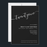 Modern zwart elegant script 21st verjaardag kaart<br><div class="desc">Modern Black and White 21st Birthday Invitation. Minimalistisch ontwerp voor de sjabloon van de 21ste verjaardagsuitnodiging met elegante kalligrafie handgeschreven scriptlettertype.</div>