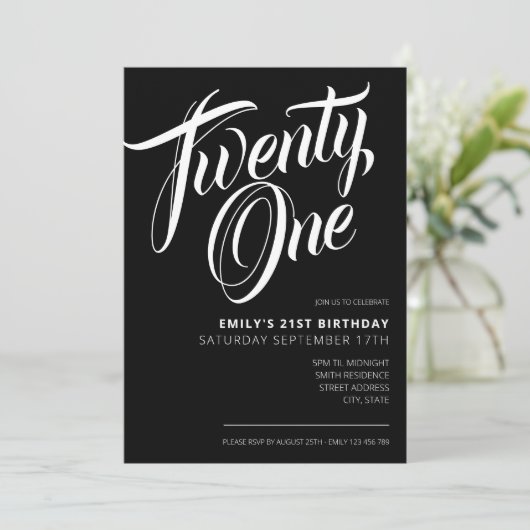 Modern zwart elegant script 21st verjaardag kaart (Staand voorkant)