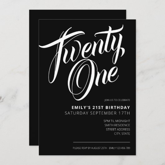 Modern zwart elegant script 21st verjaardag kaart (Voorkant / Achterkant)