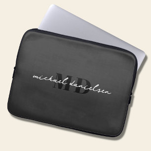 Modern Zwart & Elegant Script Initiaal Monogram Laptop Sleeve