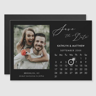 Modern Zwart Elegant Script Photo Save The Date Magnetische Uitnodiging